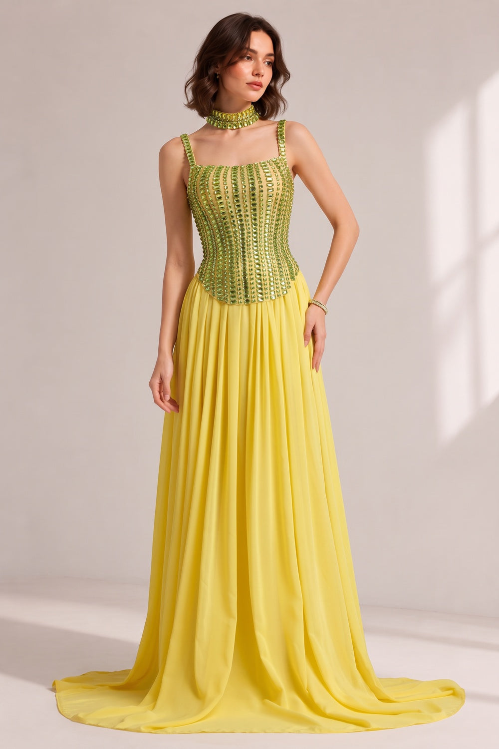 LIME GREEN RHINESTONE CHOKER PLEATED CHIFFON TRAIN GOWN