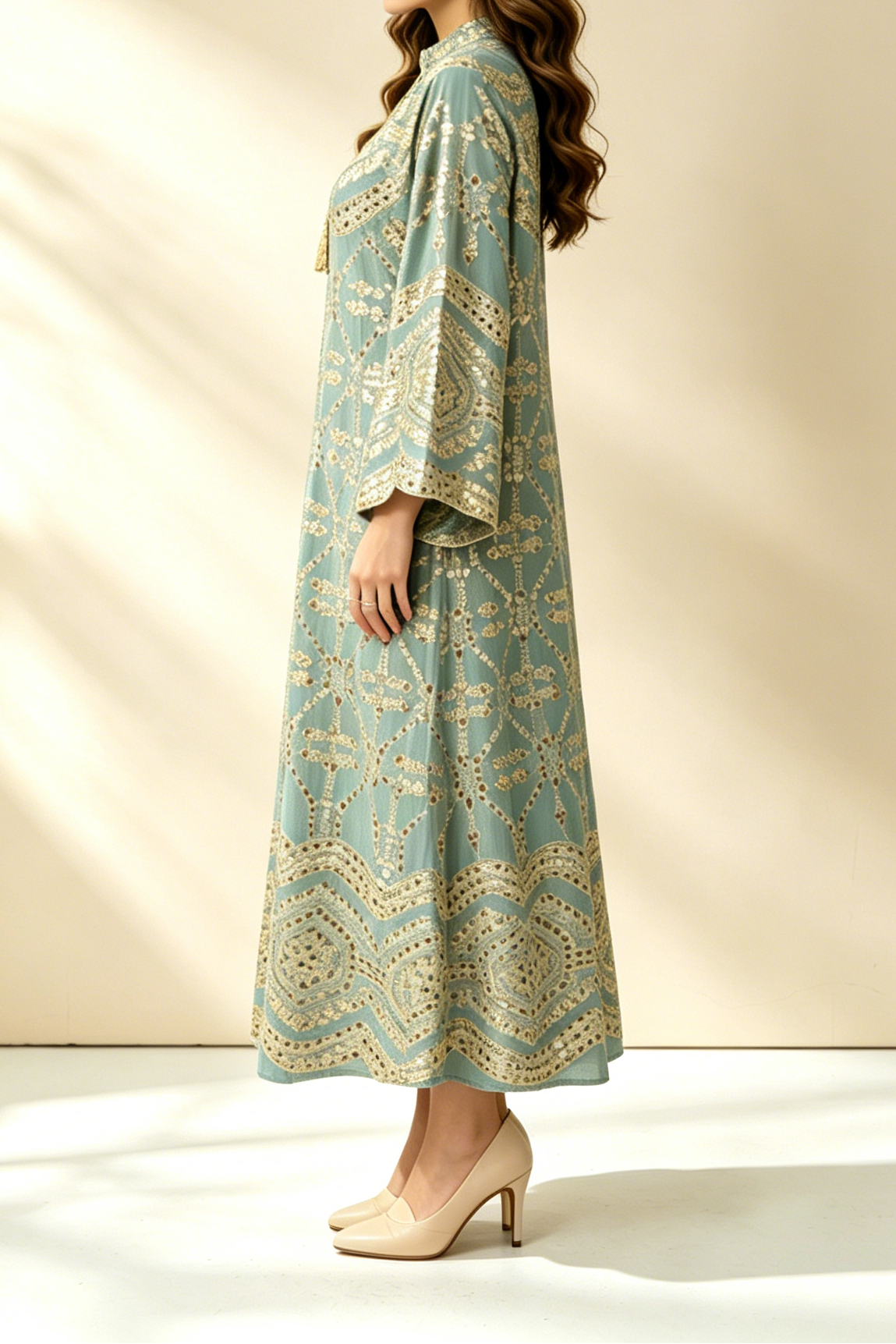 36_4607e726-63fb-45b5-b1be-e0afc0146851 SAGE GREEN GOLD SEQUIN KAFTAN MIDI DRESS FLARE SLEEVE