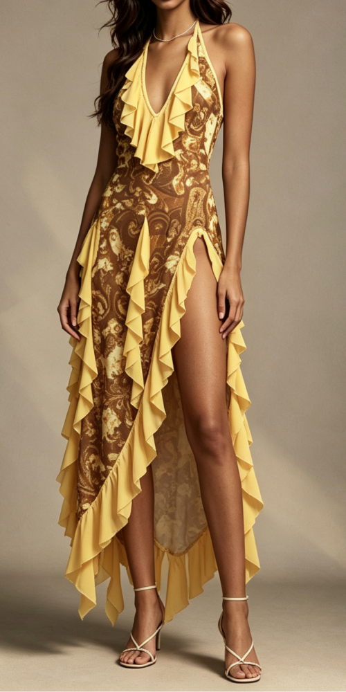 36_d8992775-aab0-4719-b5ce-e8ac1f284165 GOLDEN COIN VINTAGE HALTER RUFFLE CHIFFON MIDI DRESS