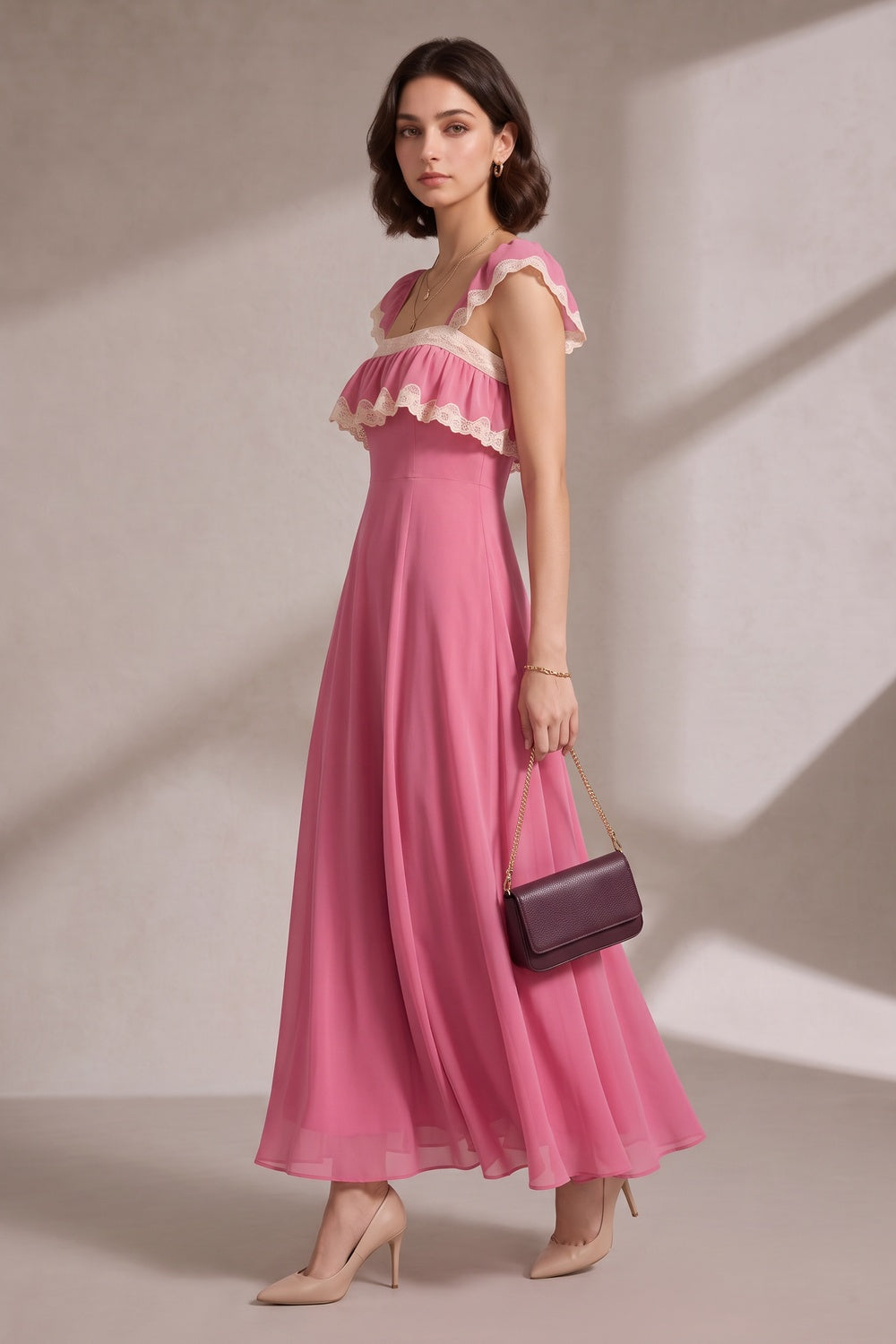 36b86989fece97ba PINK LACE RUFFLE MAXI DRESS FOR WEDDING GUEST