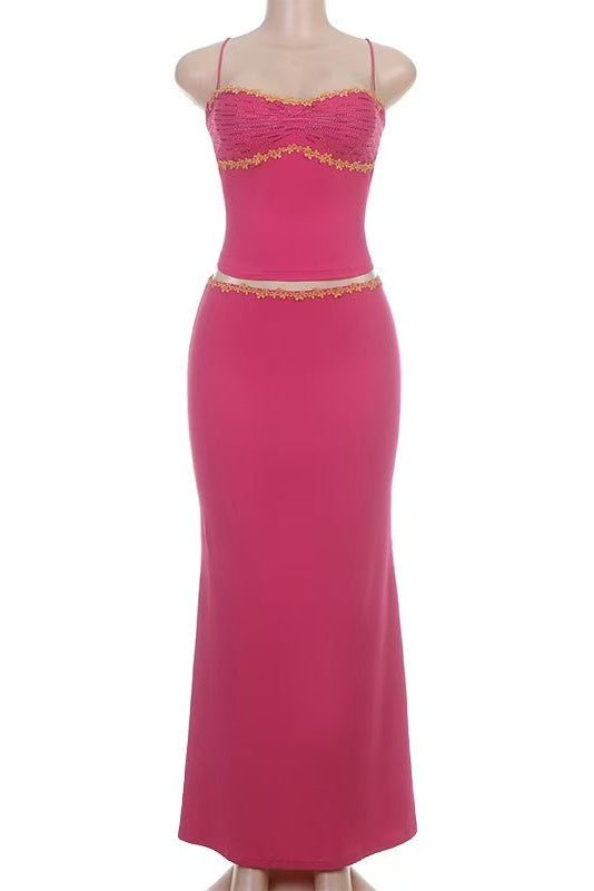 HOT PINK BEADED HALTER TOP & MERMAID MAXI SKIRT SET