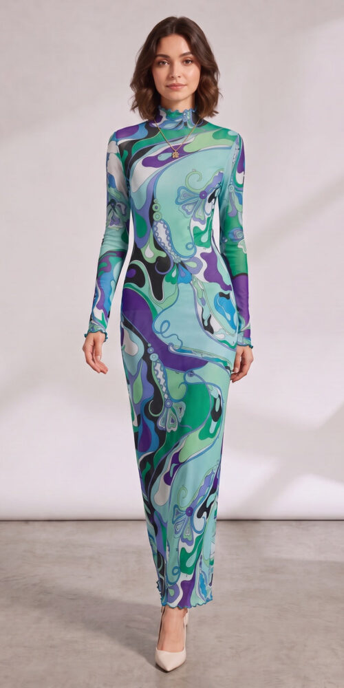 36dc1cbb8a941f1e RETRO SWIRL MESH HIGH NECK MAXI DRESS