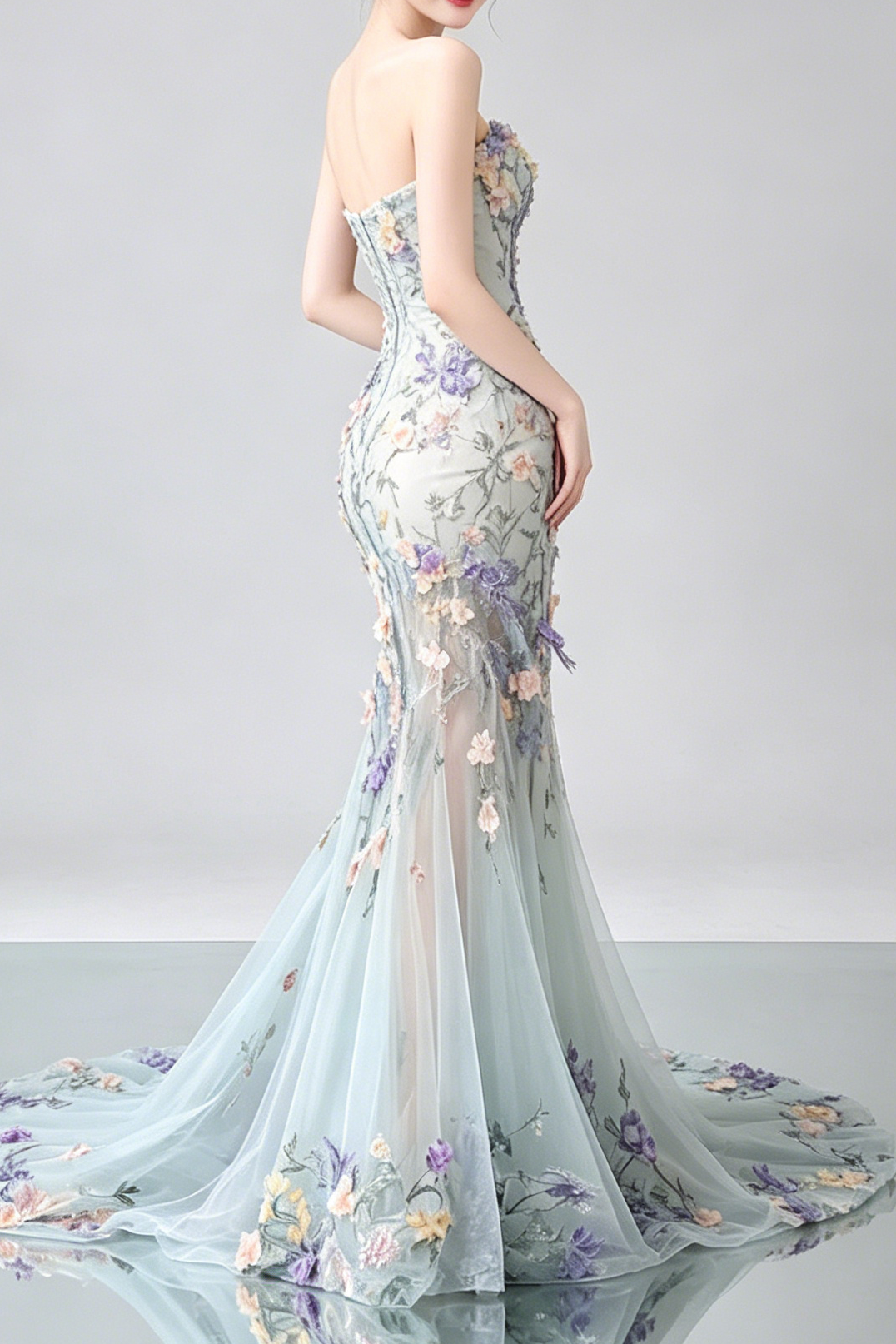 37 STRAPLESS PASTEL FLORAL TULLE MERMAID WEDDING GOWN