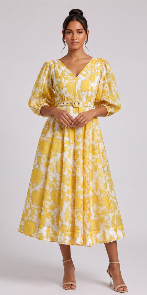 37354691e94fb159 YELLOW FLORAL BELTED MIDI DRESS FOR WEDDING GUEST