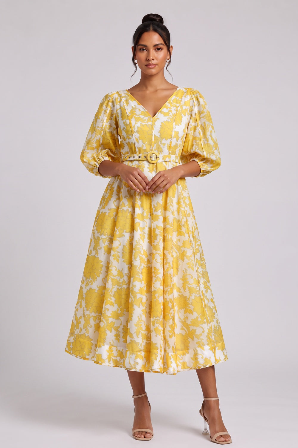 37354691e94fb159 YELLOW FLORAL BELTED MIDI DRESS FOR WEDDING GUEST