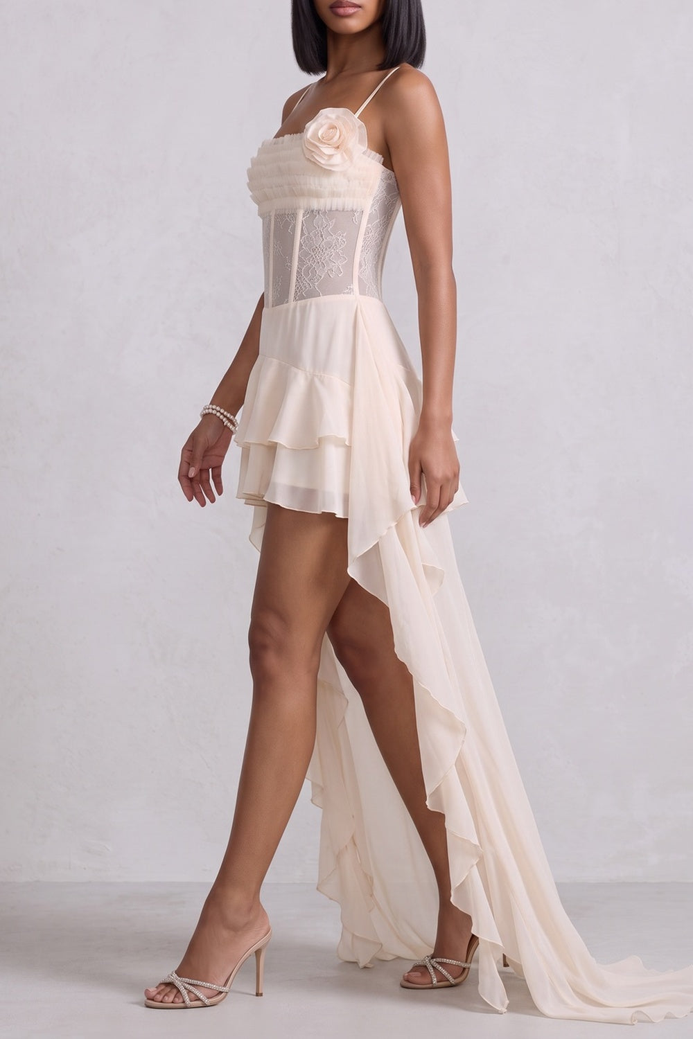 3737c422be4b53d6 SPAGHETTI STRAP LACE CORSET HIGH-LOW RUFFLE MINI DRESS