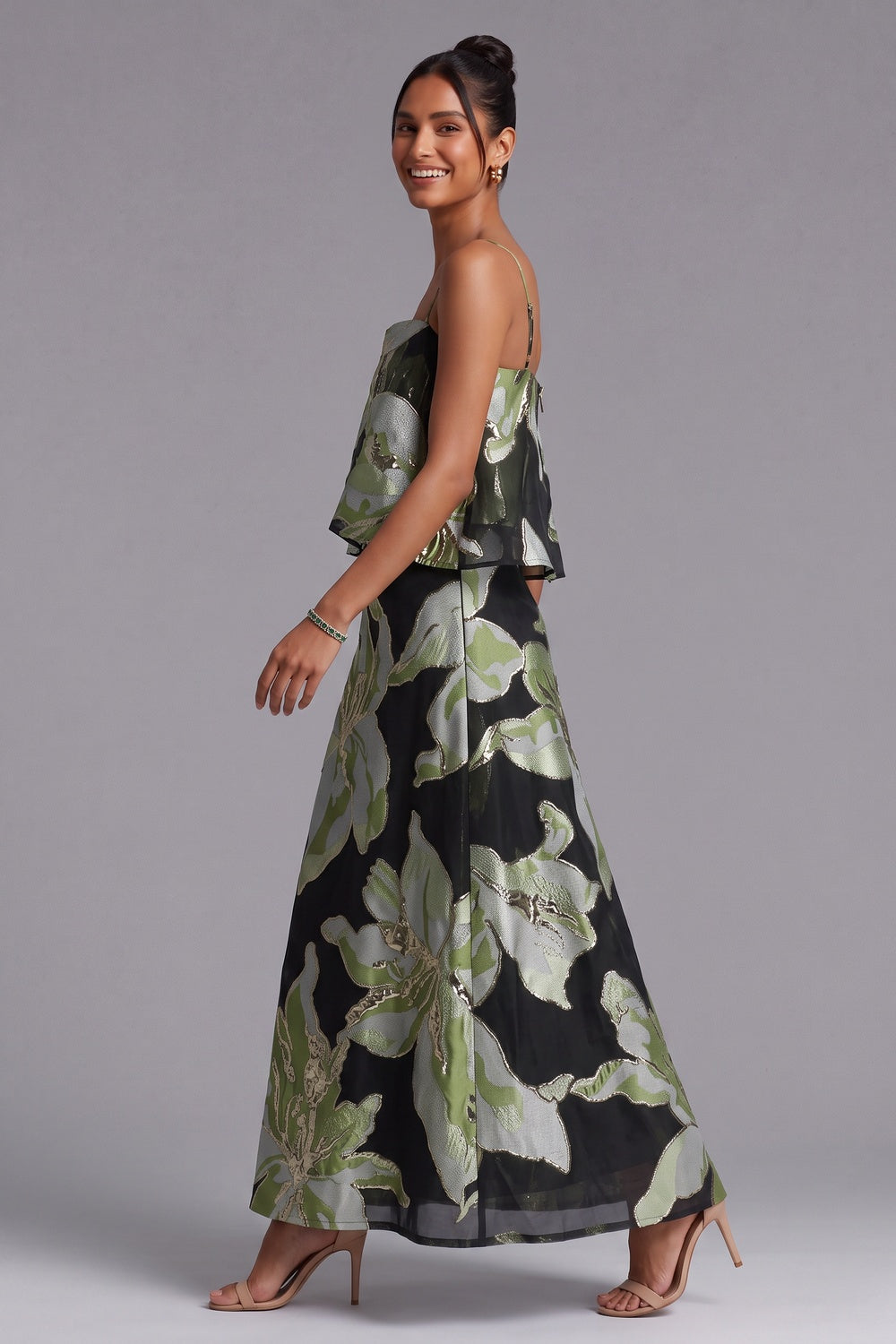 BLACK METALLIC JACQUARD TRAPEZE CROP TOP & MAXI SKIRT SET