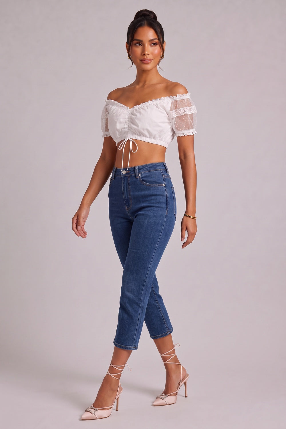 375a7e06737963dd WHITE COTTON BLEND CROPPED BLOUSE WOVEN TOP