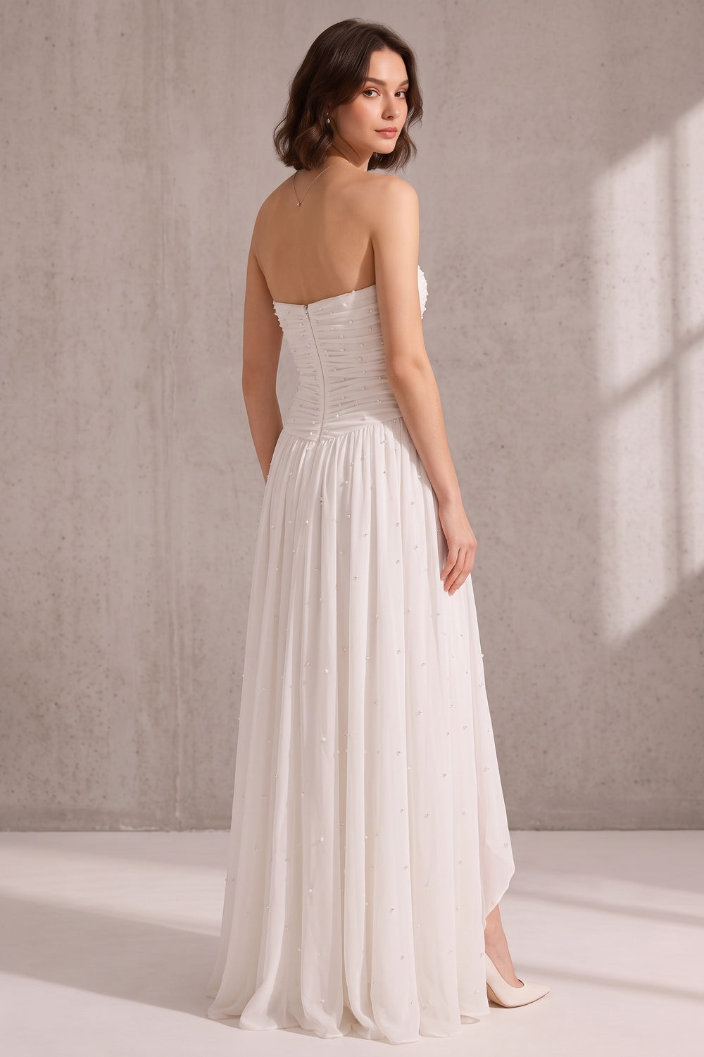 3760d0fd6a2a7480 WHITE STRAPLESS RUCHED PEARL CHIFFON HIGH SLIT MAXI GOWN