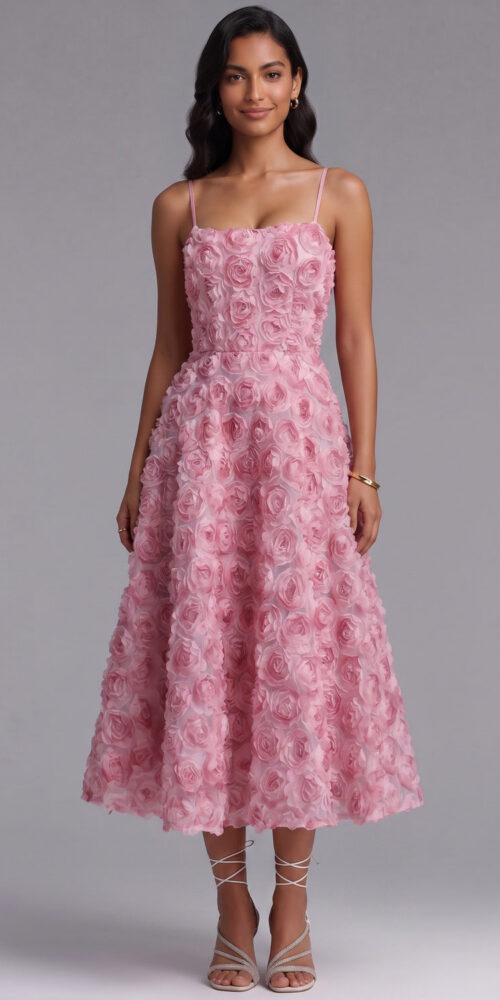 PINK ROSETTE MESH A-LINE MIDI DRESS FOR WEDDING GUEST