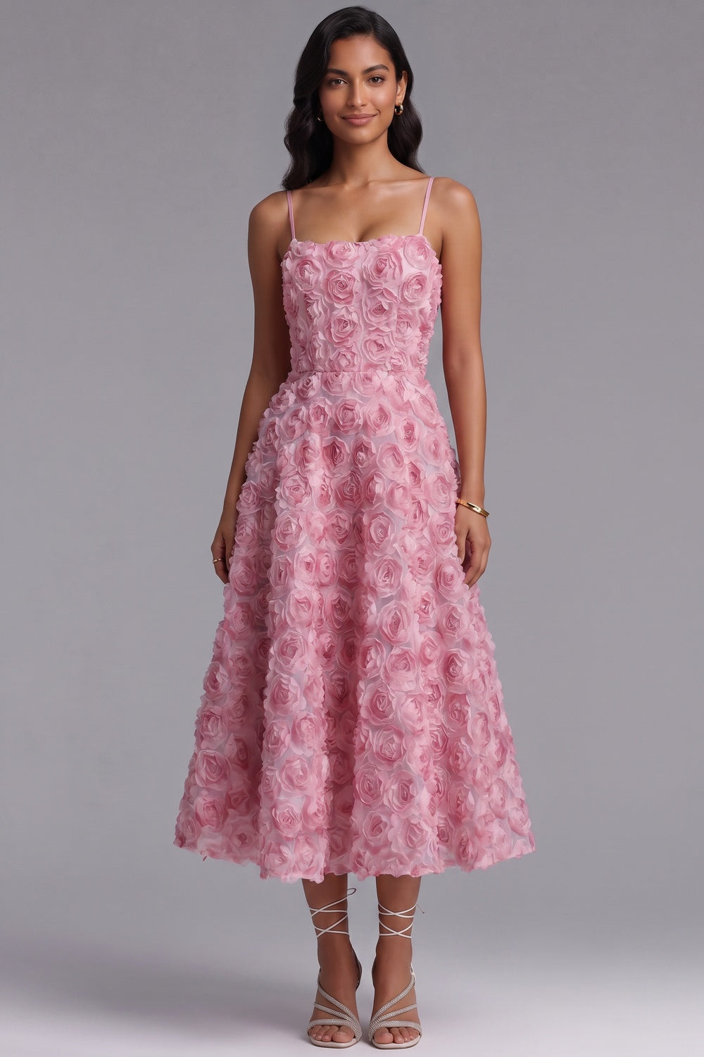 37658f63a165636a PINK ROSETTE MESH A-LINE MIDI DRESS FOR WEDDING GUEST