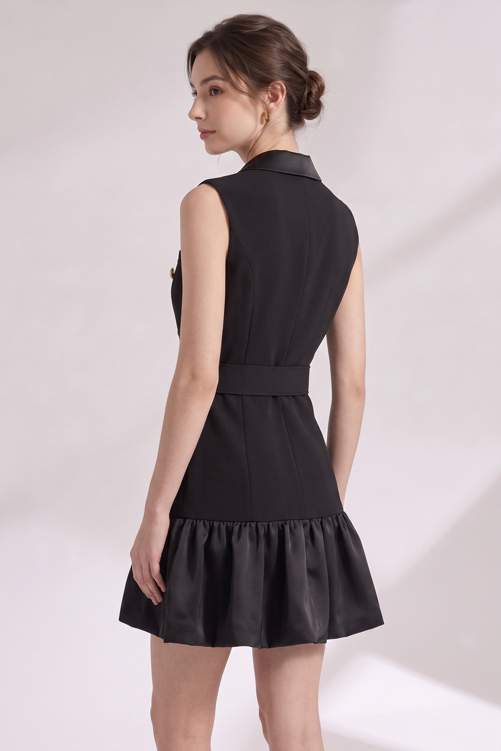 377290c33c1eac0a BLACK RUFFLED HEM TAILORED BLAZER DRESS, MATTE CREPE