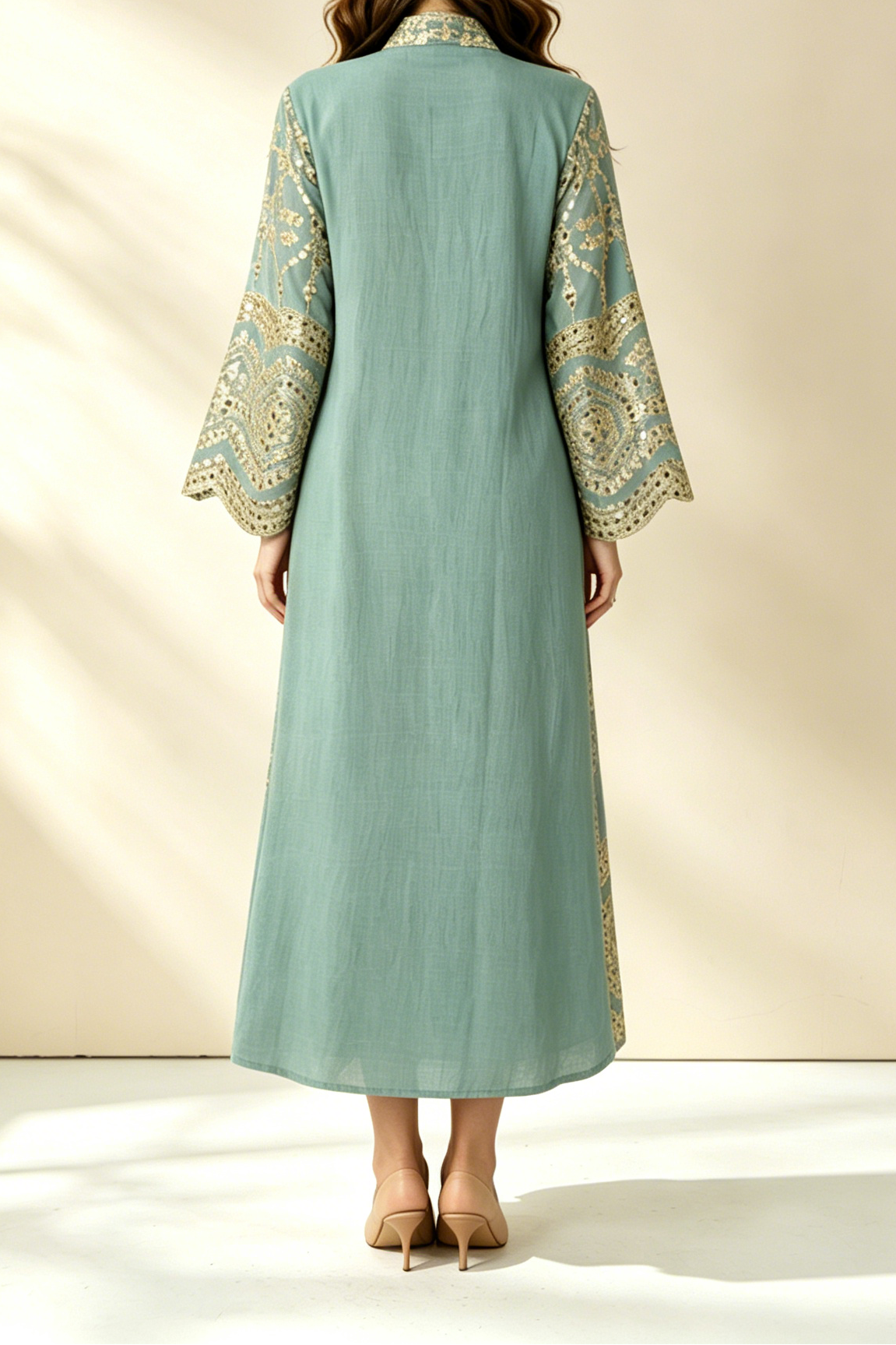 37_074332ff-9277-4e72-8466-77390a405a19 SAGE GREEN GOLD SEQUIN KAFTAN MIDI DRESS FLARE SLEEVE
