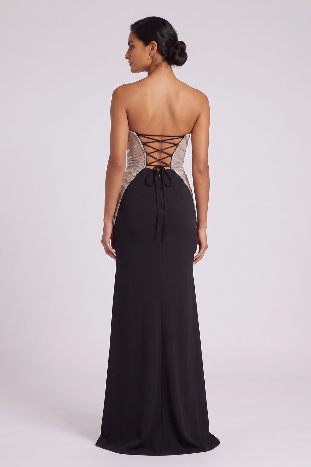 37d025da4f741358 BLACK LACE-UP BACK MAXI DRESS EMBELLISHED MESH EVENING