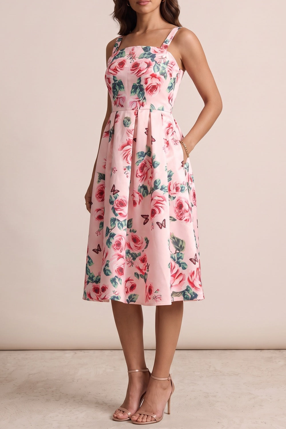 37fa6774b20ca308 PINK ROSE PRINT SQUARE NECK FIT-FLARE MIDI DRESS