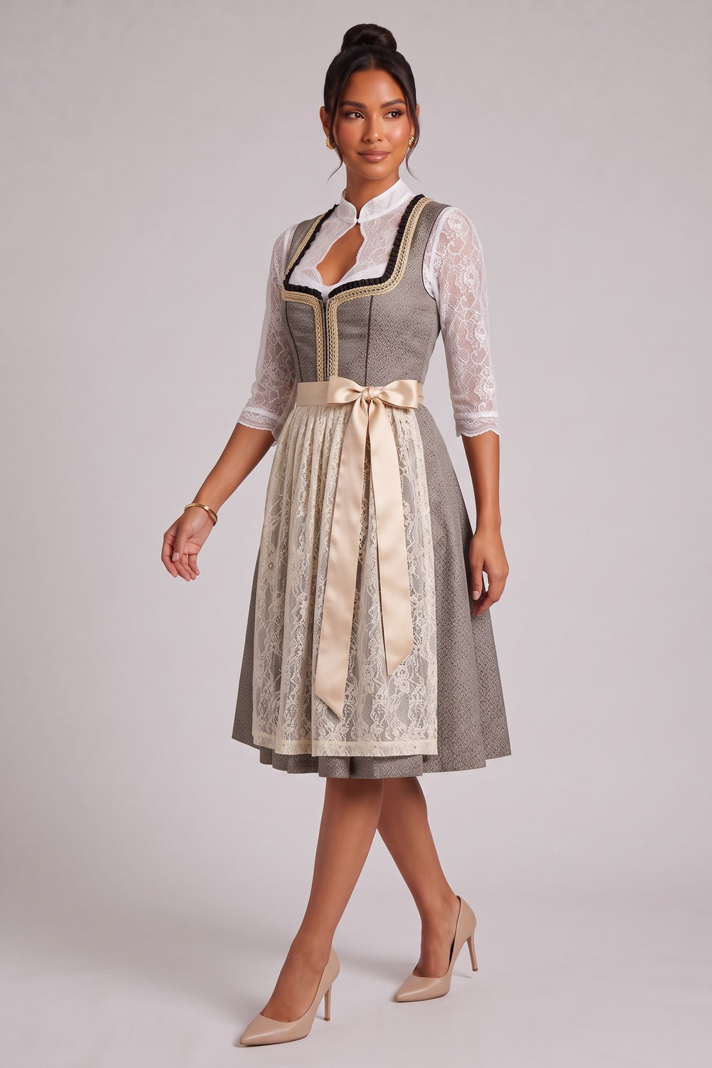 3814adbadb0fc9cc GREY-BROWN MELANGE JACQUARD FIT-AND-FLARE DIRNDL SET