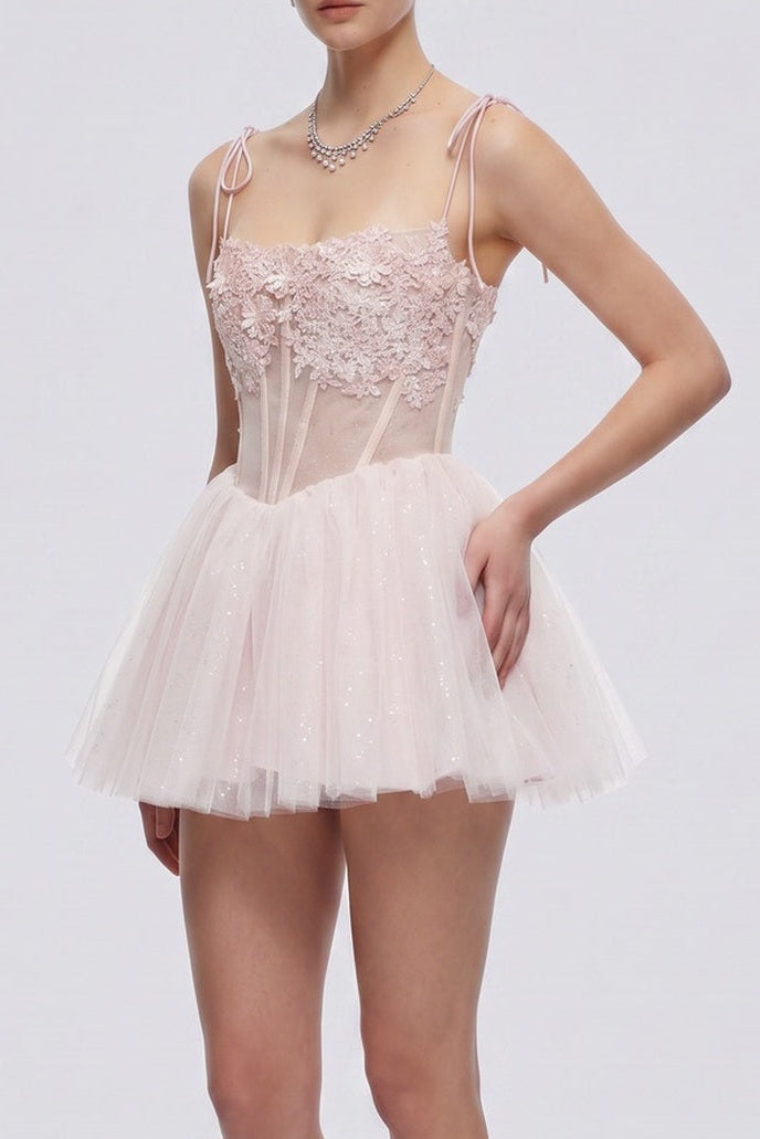 385386550ed1fa62 3D FLORAL MESH CORSET TIE STRAP TULLE MINI DRESS