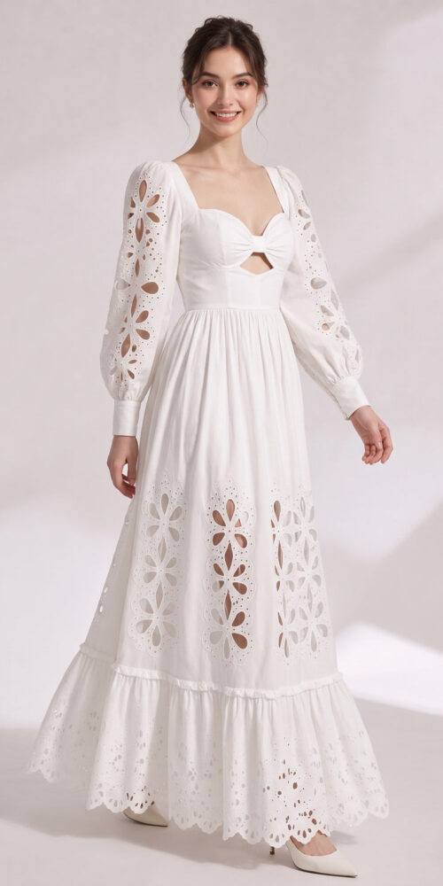 3892bd258a944489 WHITE EYElet A-LINE MAXI DRESS COTTON POPLIN