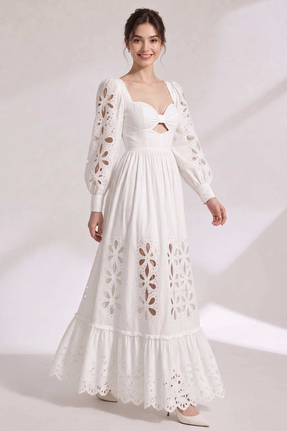 WHITE EYElet A-LINE MAXI DRESS COTTON POPLIN