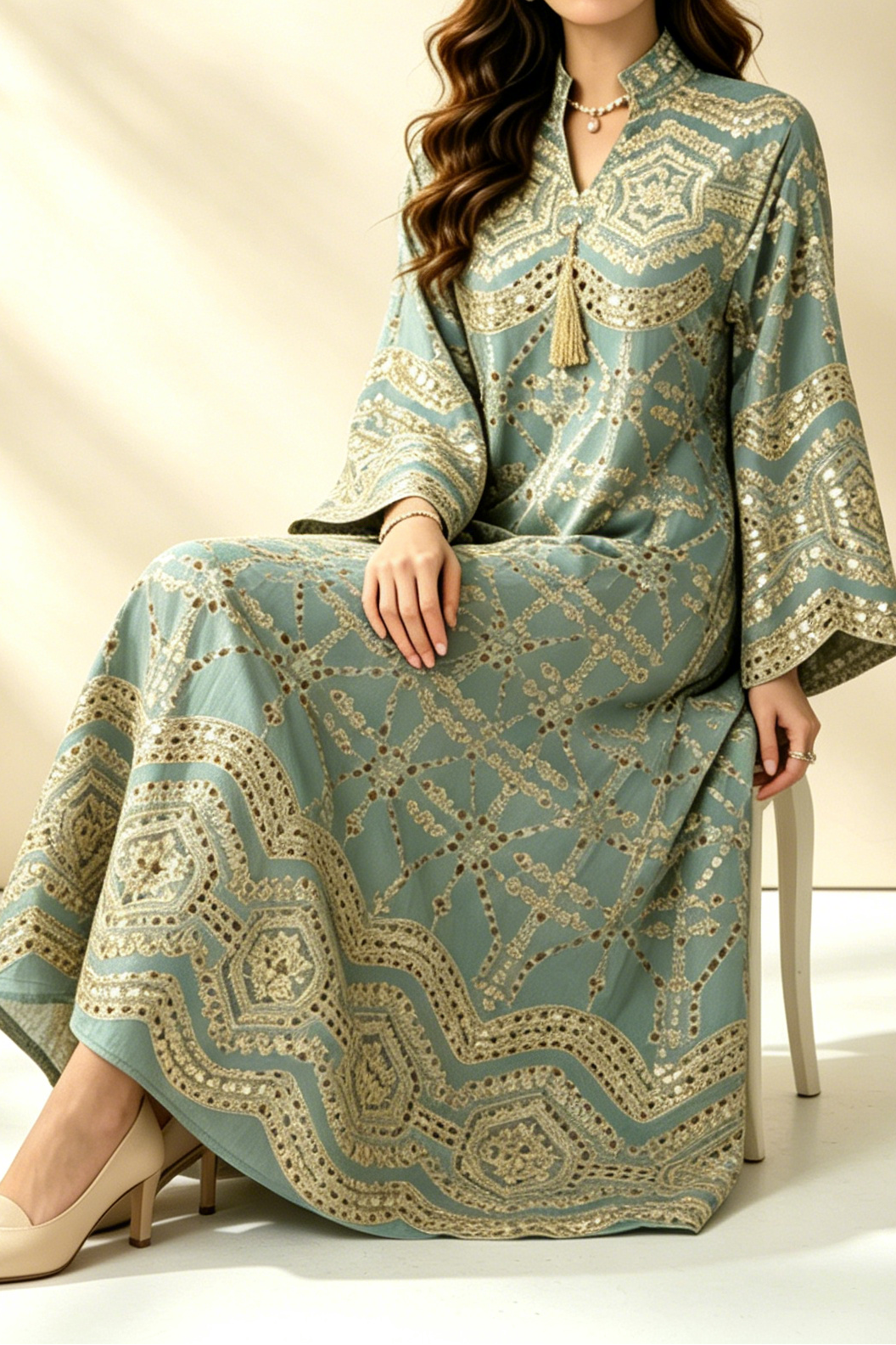 38_b49e4f5d-bb6b-43b6-b5e2-7c896b2fdcb3 SAGE GREEN GOLD SEQUIN KAFTAN MIDI DRESS FLARE SLEEVE
