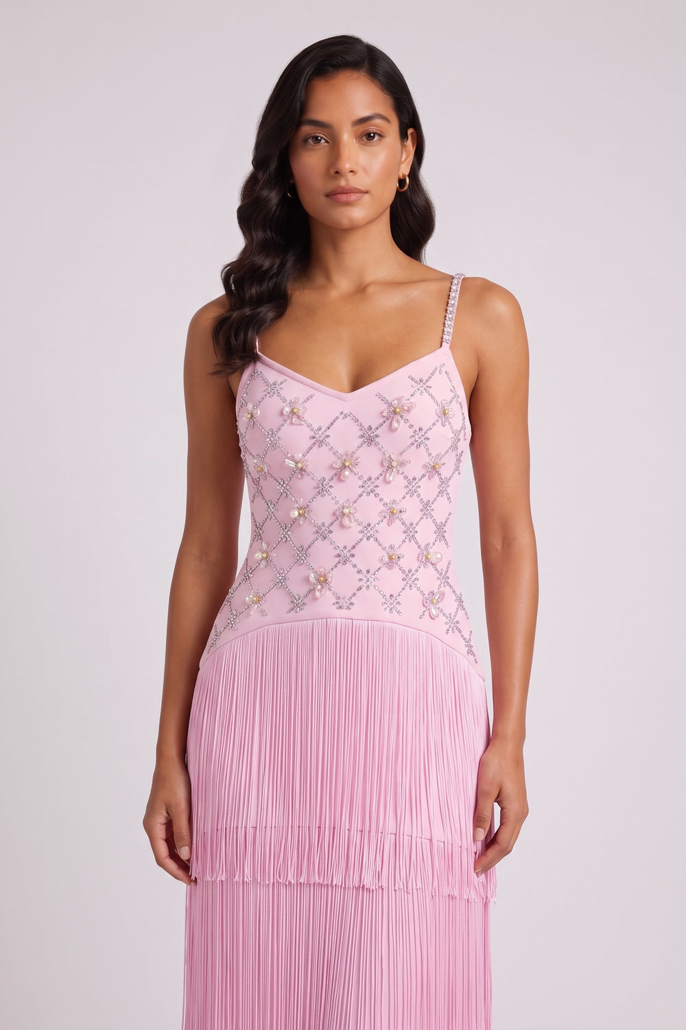 3924eb6d1c5b80d8 RHINESTONE FLORAL FRINGE STRAP MAXI DRESS