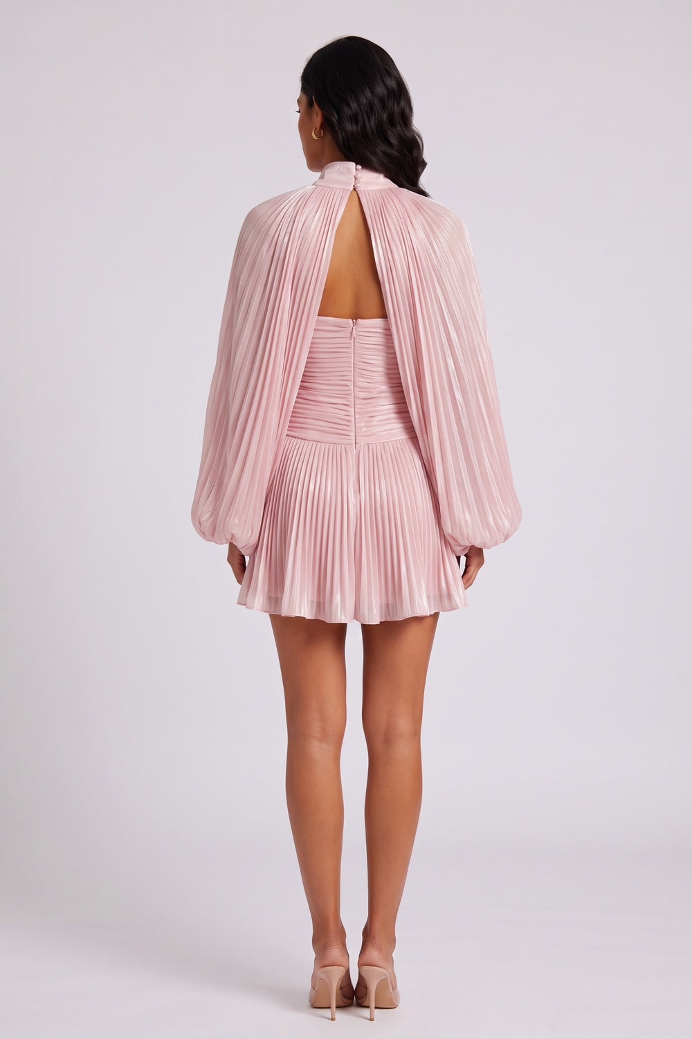 3925b2e5465d8965 HIGH NECK KEYHOLE CAPE PUFF SLEEVE RUCHED MINI DRESS