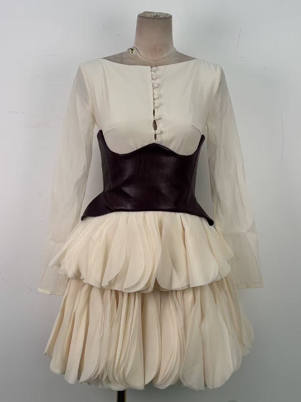 396b99bc7c8ce24a5f351ef09d8cf26e CREAM SHEER LAYERED PETAL MINI DRESS WITH BROWN LEATHER BELT