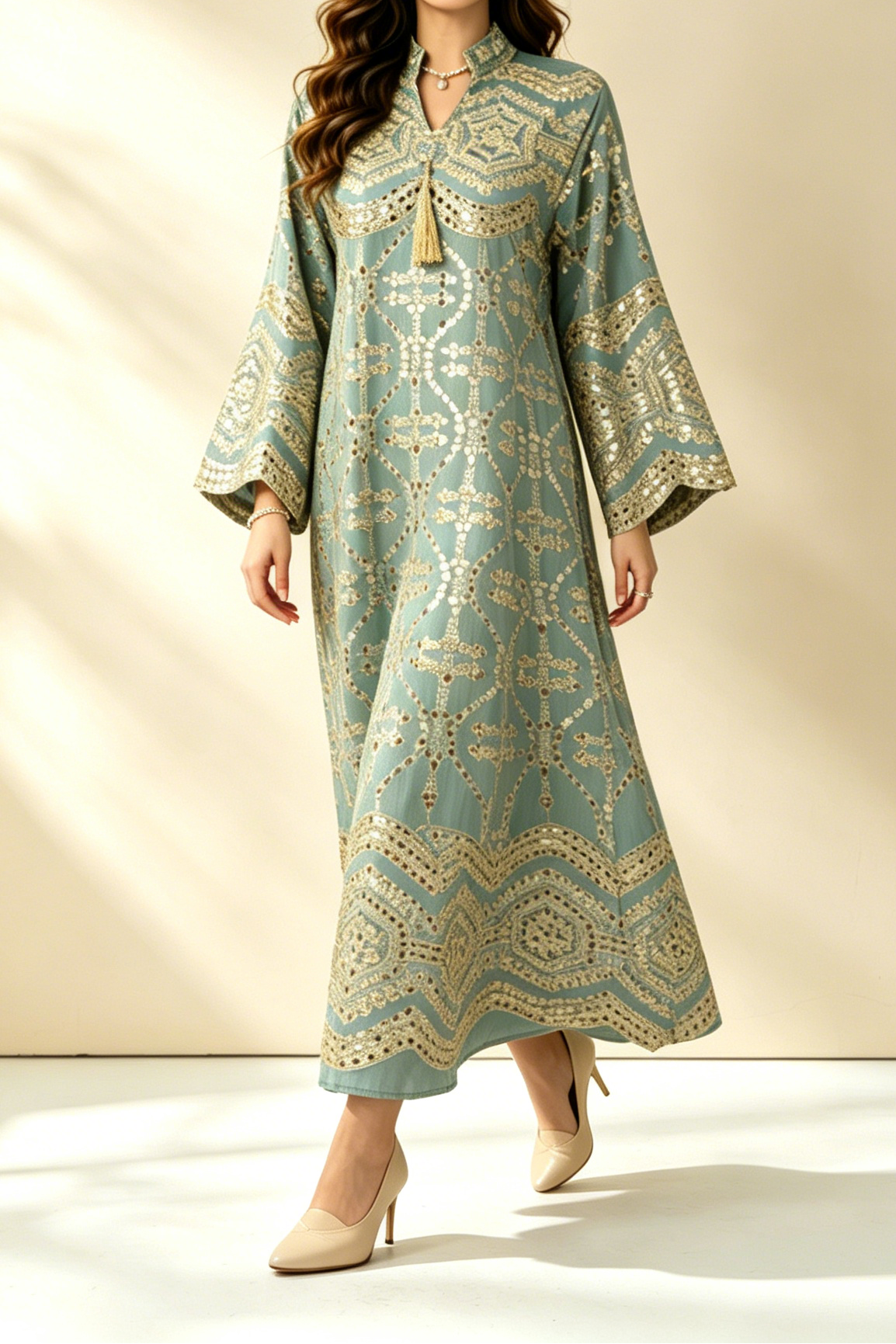 39_3470647c-f1a2-4c31-bef0-b4188cf0d360 SAGE GREEN GOLD SEQUIN KAFTAN MIDI DRESS FLARE SLEEVE