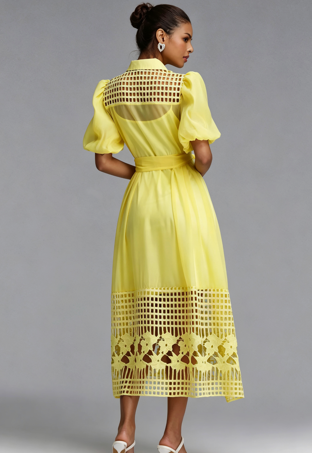 YELLOW CUTOUT MIDI DRESS WITH CRYSTALS FOR PARTY
