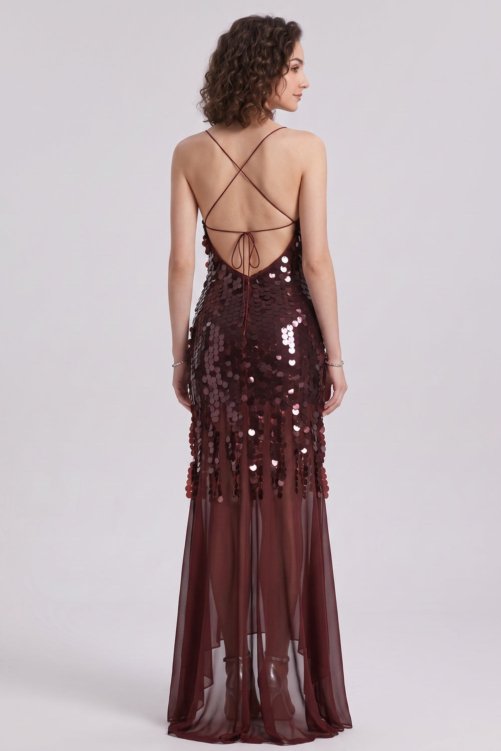 39c3890239abd335 BURGUNDY SEQUIN SHEATH DRESS WITH FLARED SHEER SKIRT