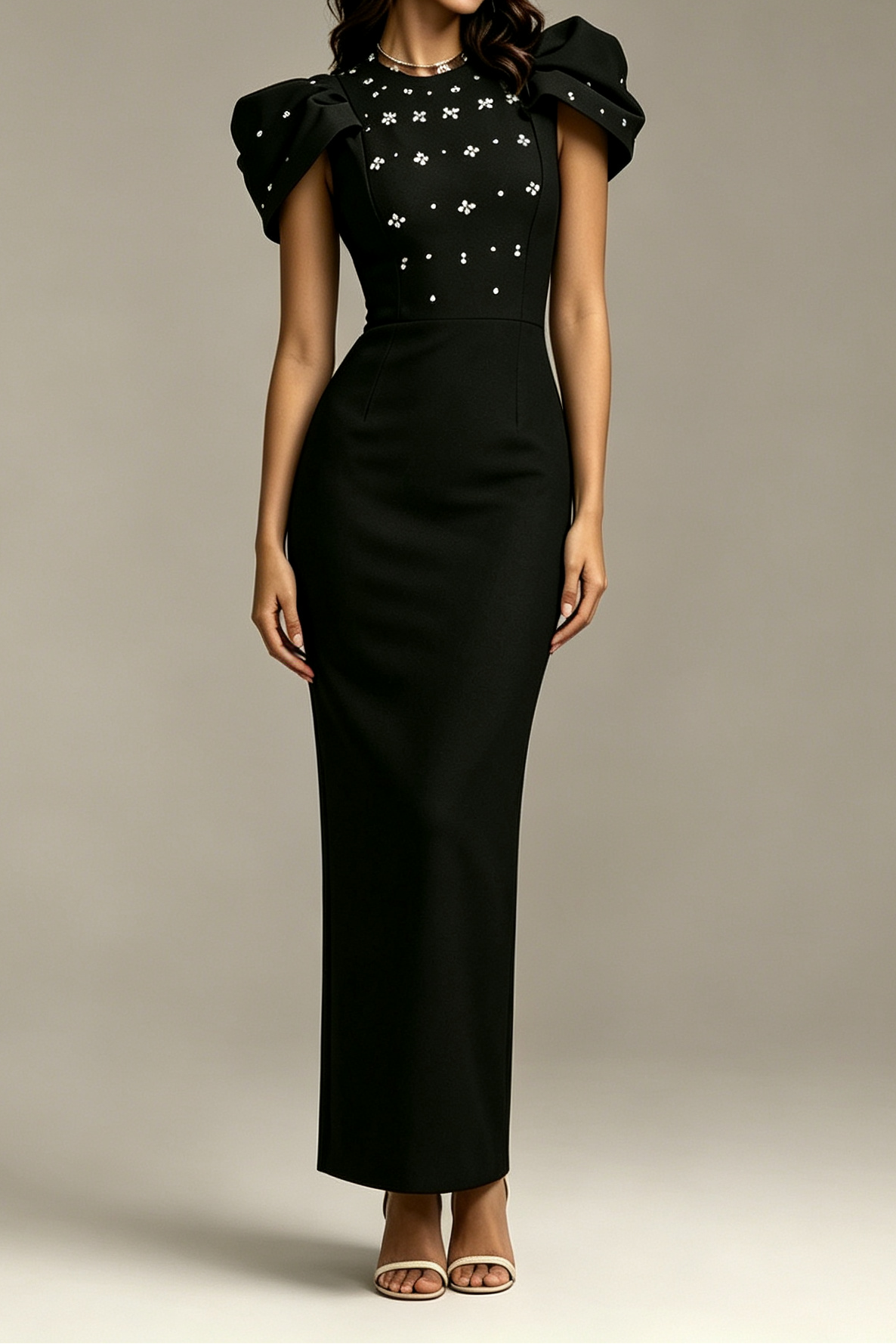 3_8c029d97-c312-46f3-a5b0-c9ac8972be79 BLACK PUFF SLEEVE RHINESTONE FLORAL FITTED MIDI FORMAL DRESS