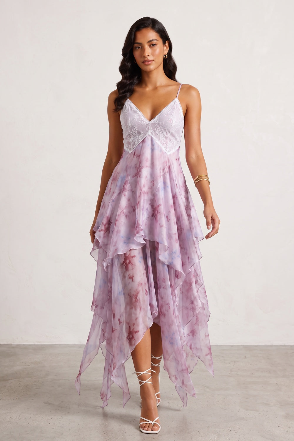 3a26f94096ec15cd PINK WATERCOLOR FLORAL LACE V-NECK RUFFLE MAXI DRESS