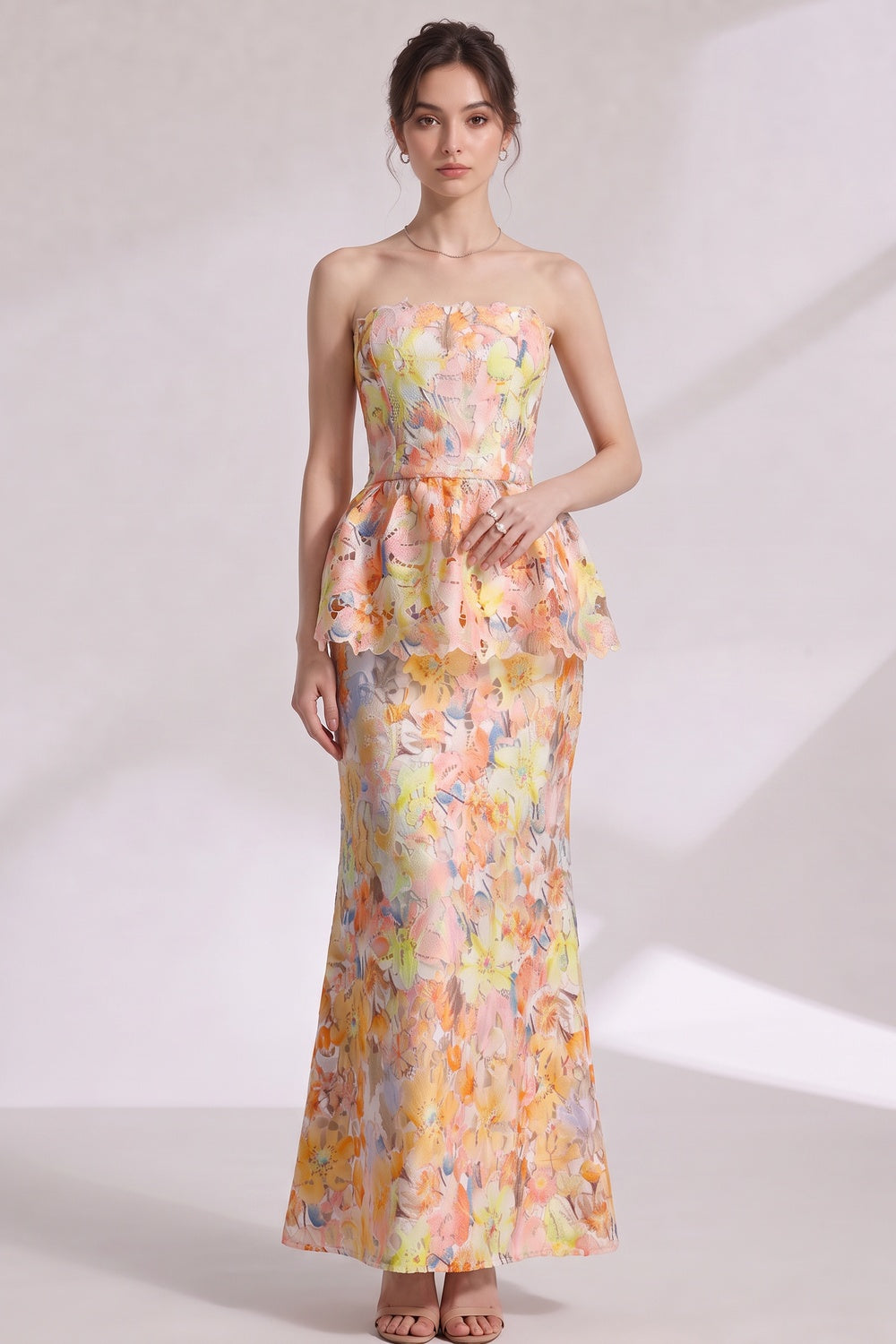 3a2cf1db48c7e536 YELLOW LACE COLUMN GOWN WITH PEPLUM WEDDING