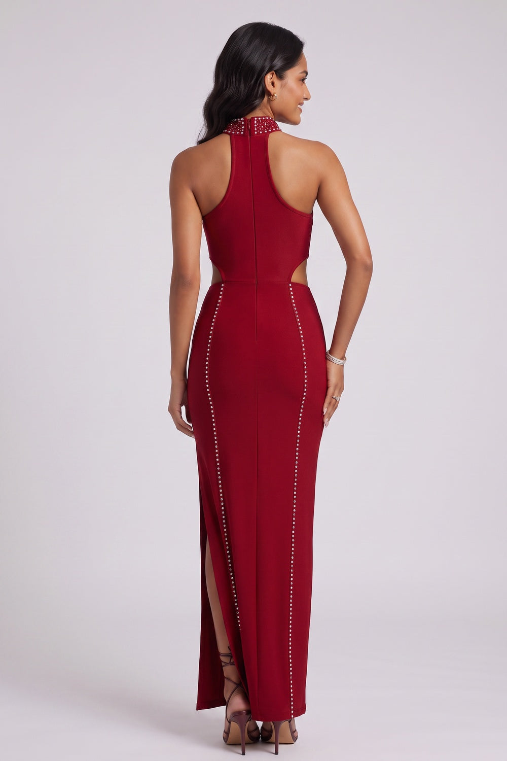 3a62cc9e20b669a6 DARK RED COLUMN GOWN, SIDE CUTOUTS, EVENING
