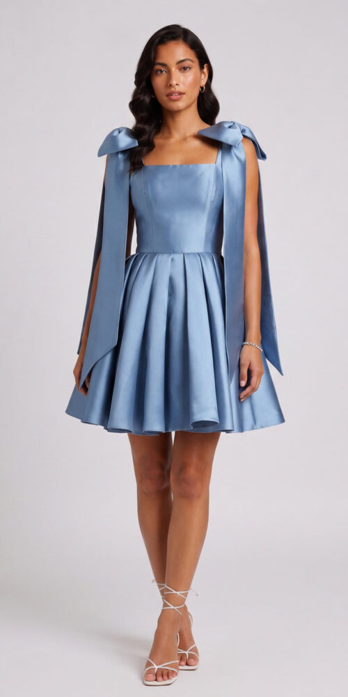 3a6a97842fabc36a SQUARE NECK BOW STRAP SATIN MINI DRESS