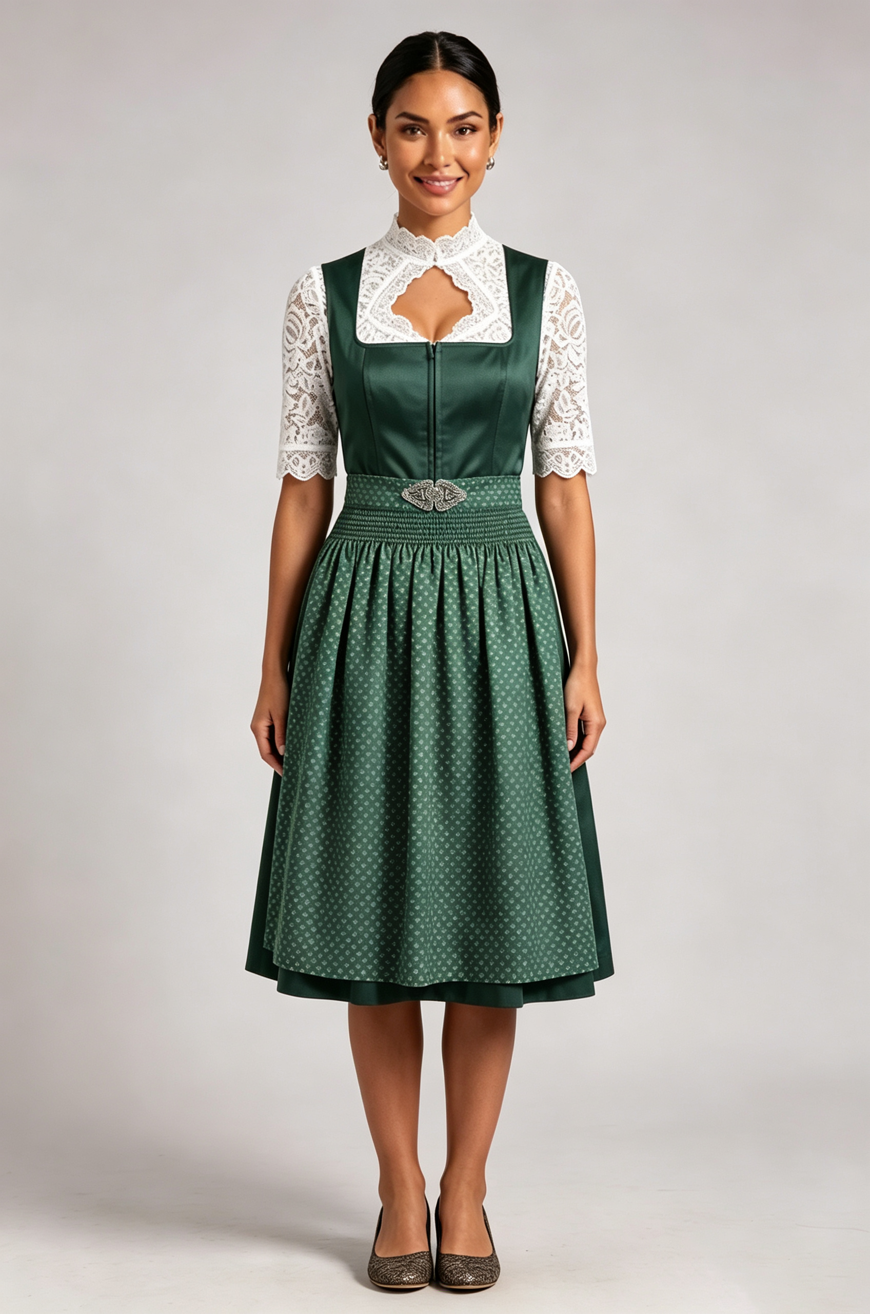 3abff7a470281b88110f3e6667064519 DARK GREEN SATIN DIRNDL SET – FIT & FLARE WEDDING OUTFIT