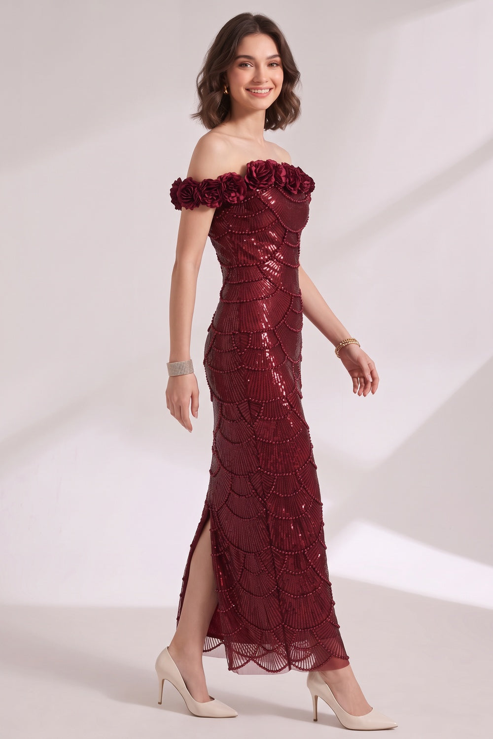 BURGUNDY SEQUIN MESH COLUMN GOWN