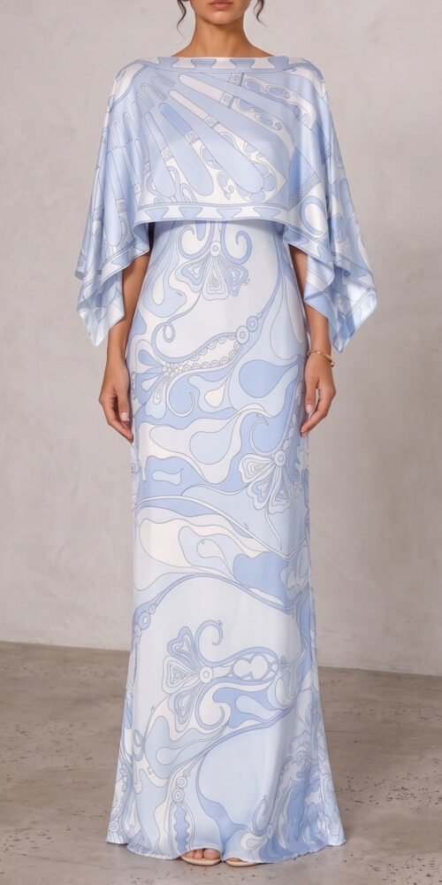3b5d289a7f97079a PRINTED CAPE SATIN MAXI DRESS FOR EVENING