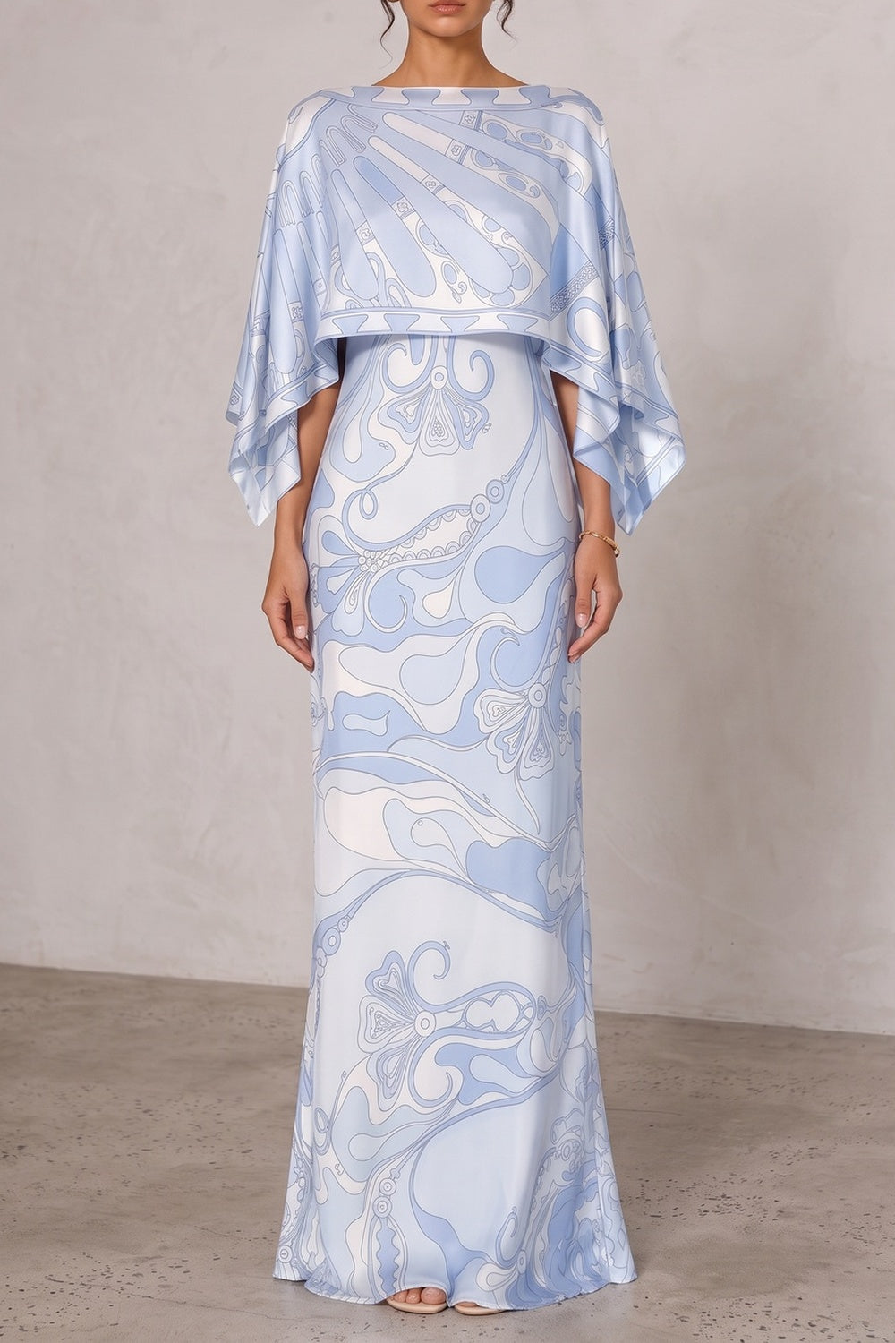 3b5d289a7f97079a PRINTED CAPE SATIN MAXI DRESS FOR EVENING