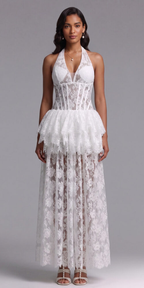 3b7c93dc64daa4df WHITE LACE CORSET PEPLUM DRESS TIERED SKIRT WEDDING GUEST