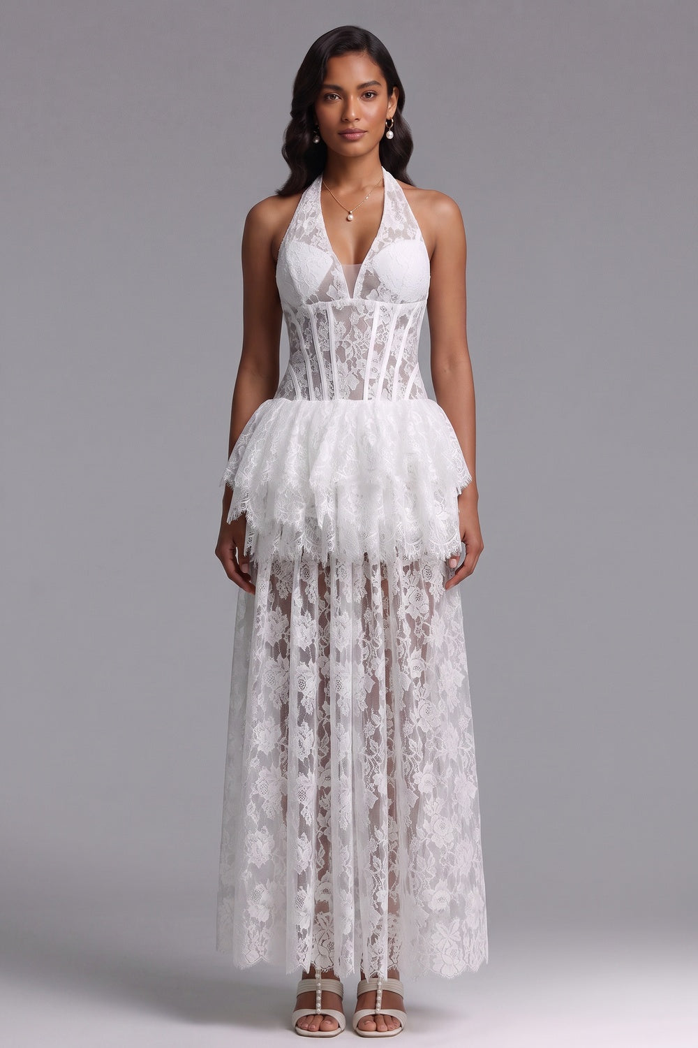 WHITE LACE CORSET PEPLUM DRESS TIERED SKIRT WEDDING GUEST