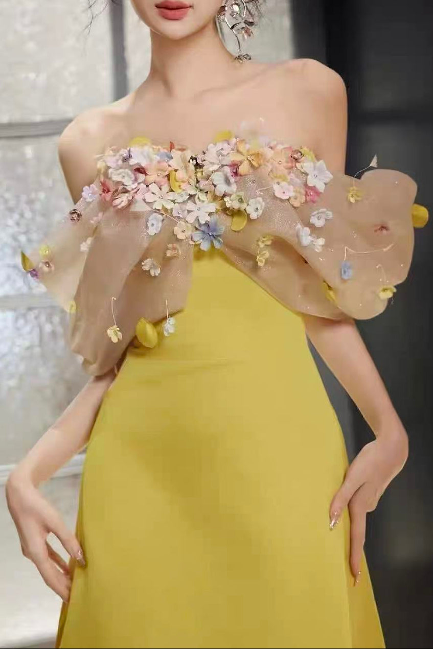3bcf60310b85a1e15971a88f207198d2 BRIGHT YELLOW SATIN STRAPLESS MAXI GOWN WITH 3D COLORFUL FLORAL TULLE BUST