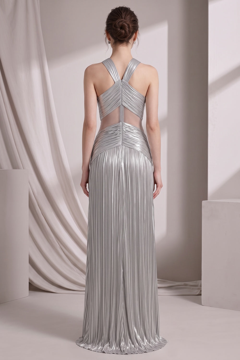 3c53195118b5f270 SILVER METALLIC PLISSE COLUMN GOWN EVENING