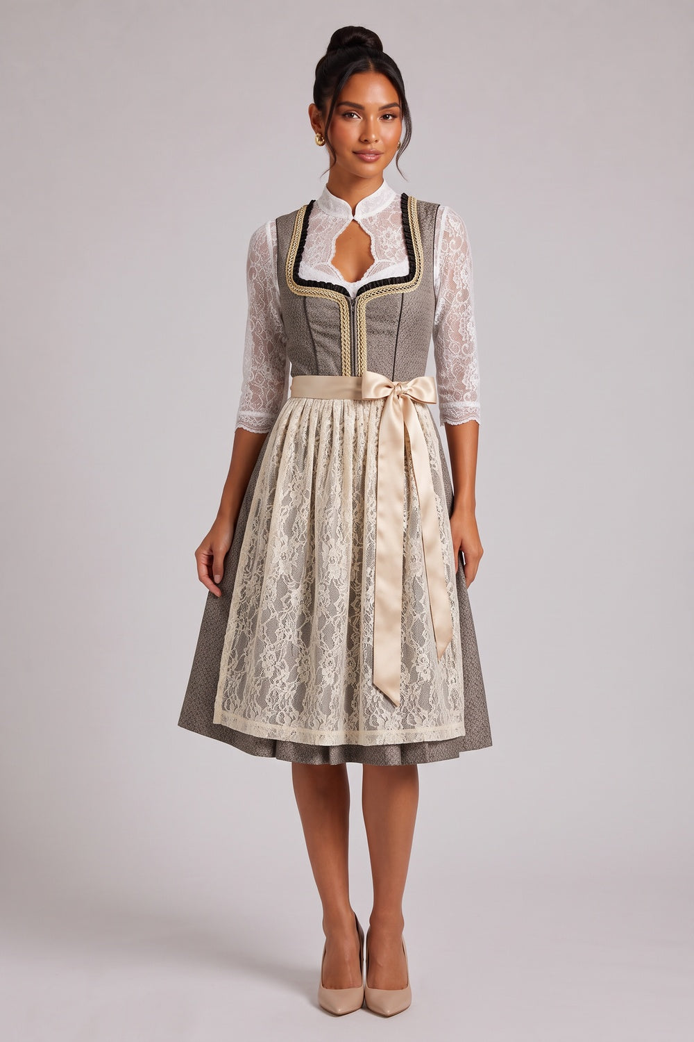 3c8f2c170c5ce87e GREY-BROWN MELANGE JACQUARD FIT-AND-FLARE DIRNDL SET
