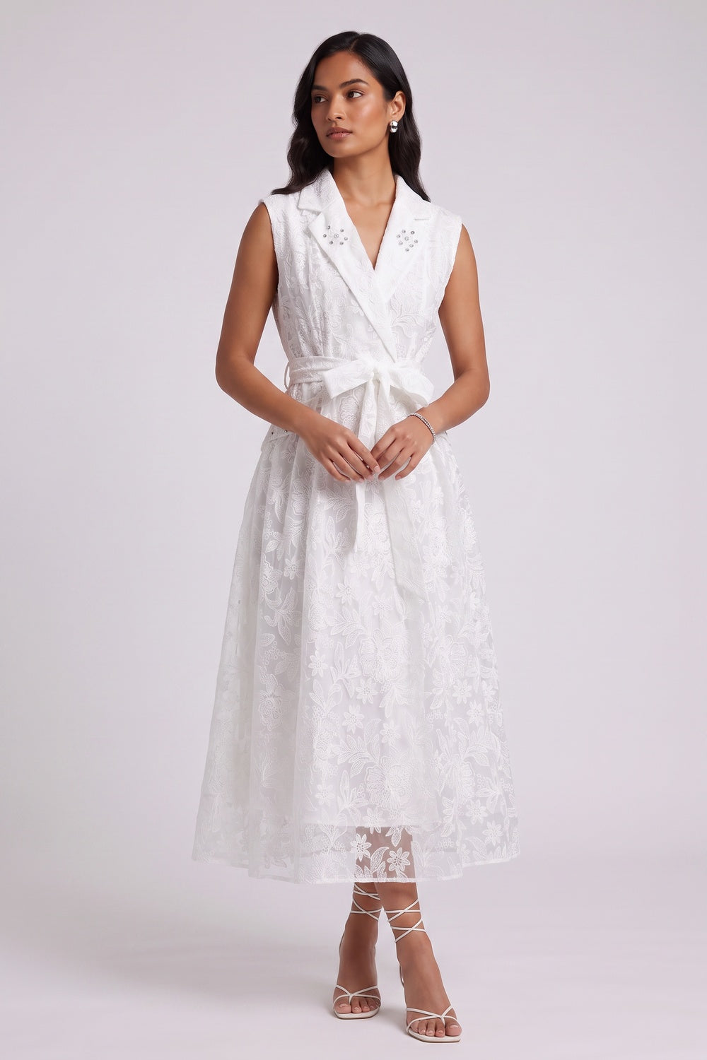 3caac5efdc717ad2 WHITE FLORAL LACE A-LINE MIDI DRESS FOR WEDDING GUEST