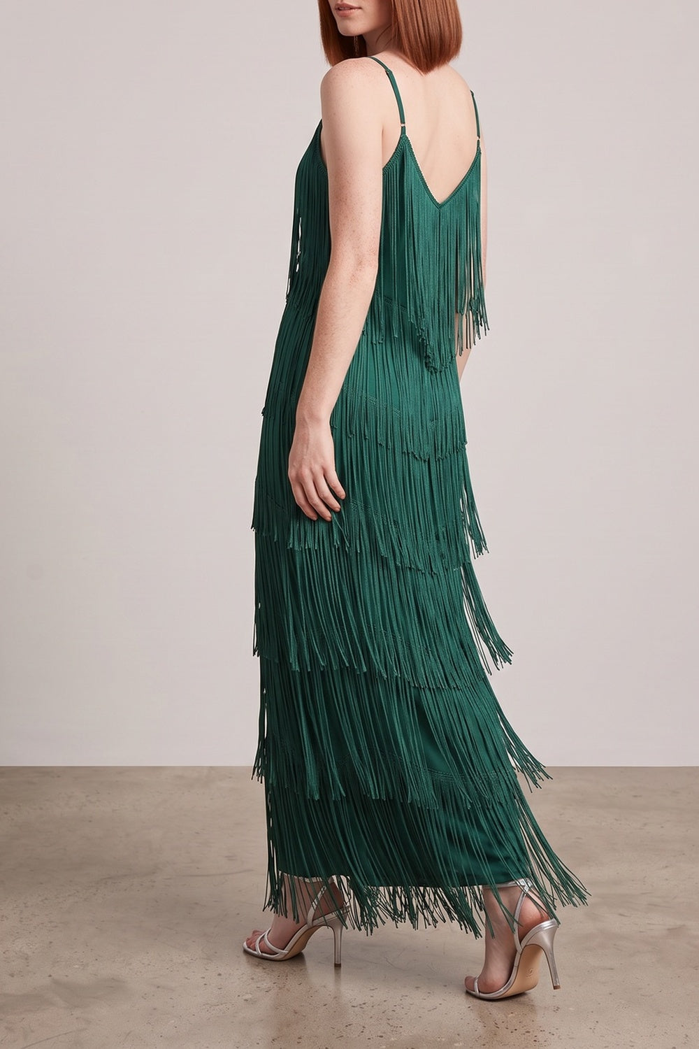 3cbf7ee3b9be5348 SPAGHETTI STRAP V-NECK FRINGE MAXI DRESS, BOHO PARTY