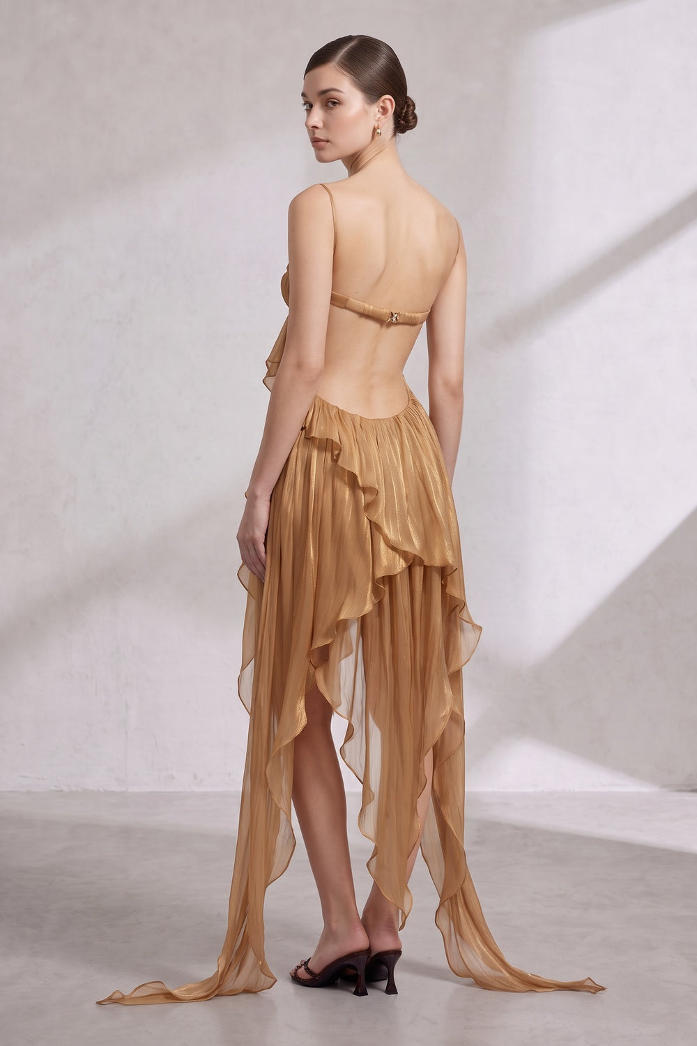 3d55b83b03385586 GOLD SHEER CHIFFON ASYMMETRICAL HIGH-LOW DRESS, OPEN BACK