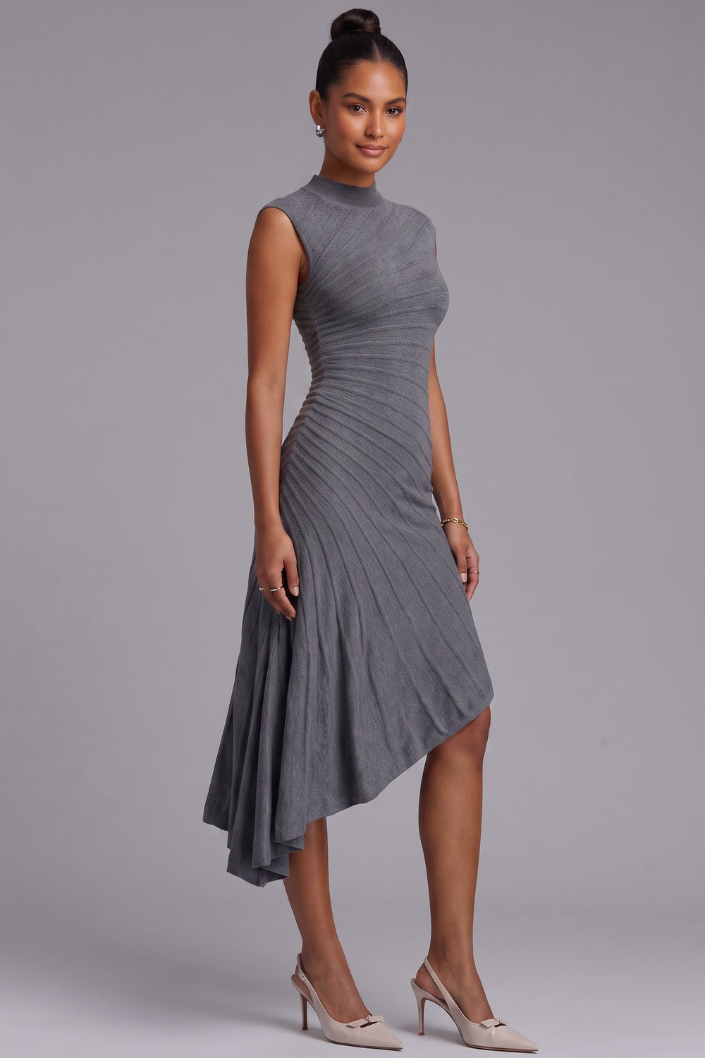 3e296c9fafa31445 GREY ASYMMETRIC HEM MIDI DRESS FOR EVENING