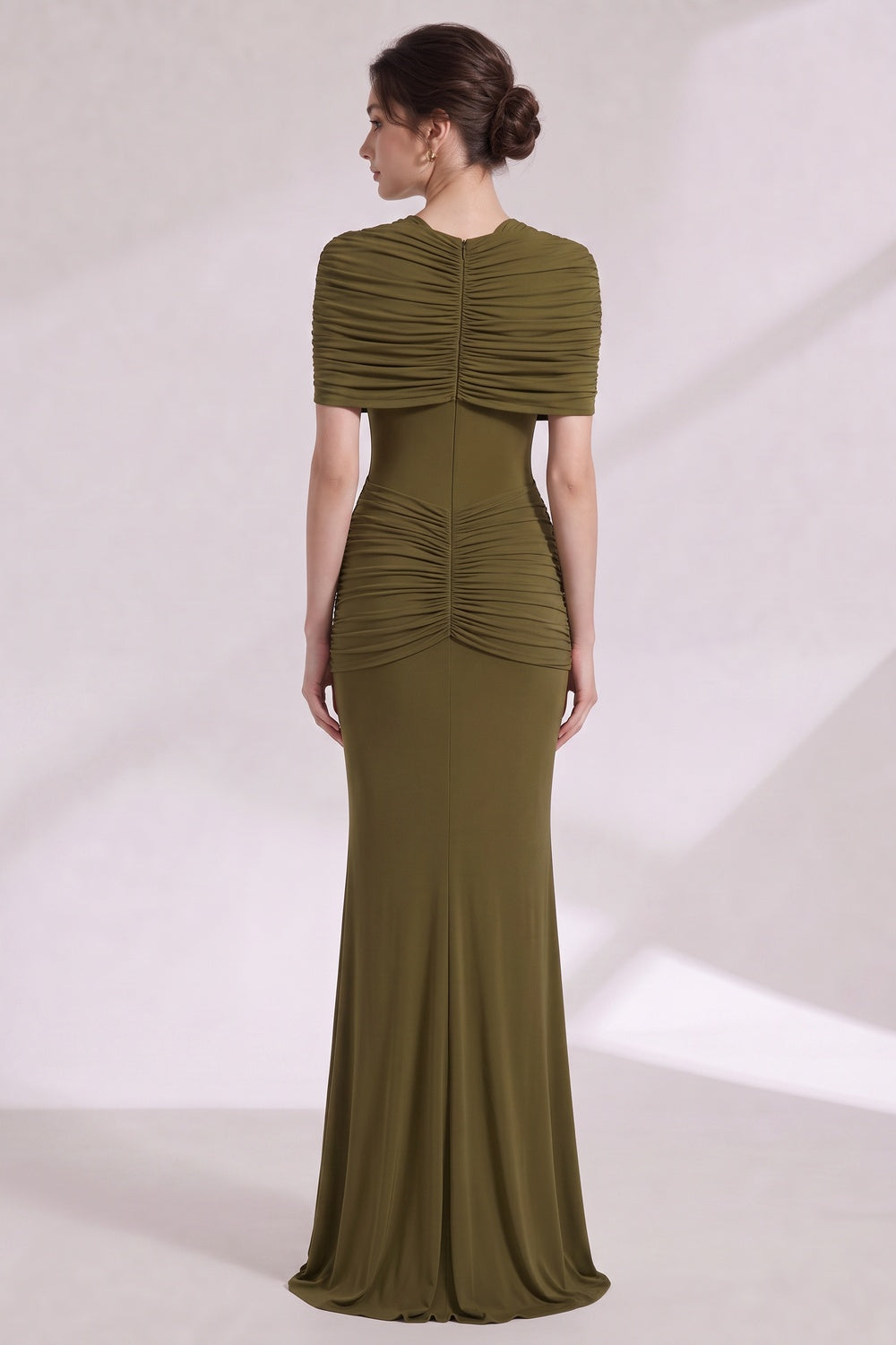 3e4f1bfe1f3dd7fd OLIVE GREEN RUCHED COLUMN GOWN STRETCH JERSEY