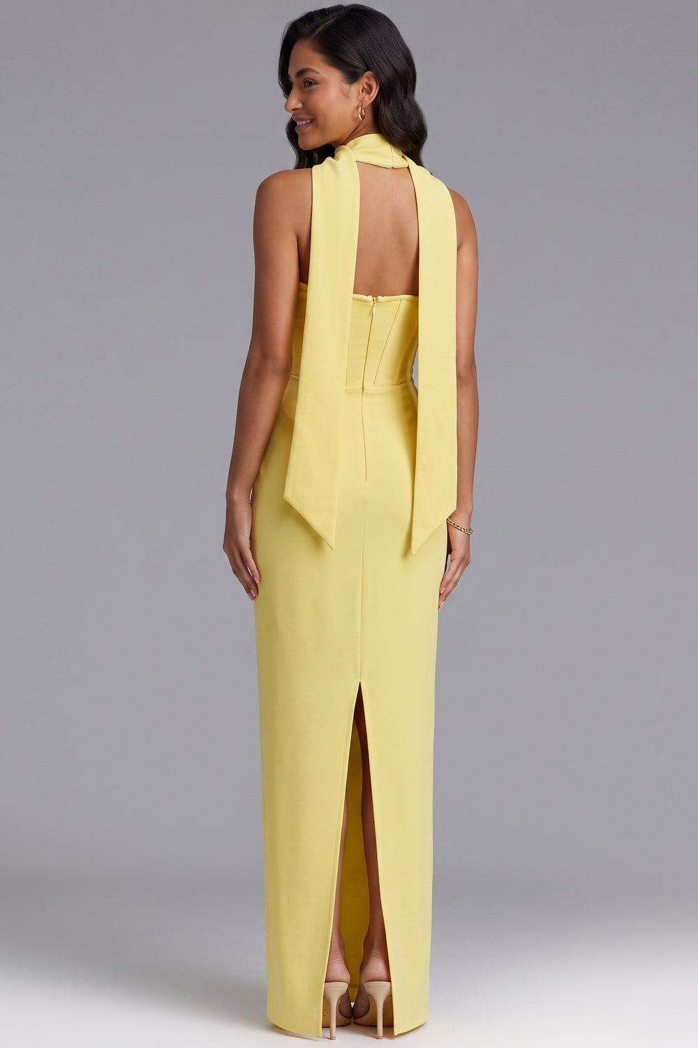 3e55e7fb150456e9 YELLOW HALTER MAXI DRESS OPEN BACK BOW DETAIL